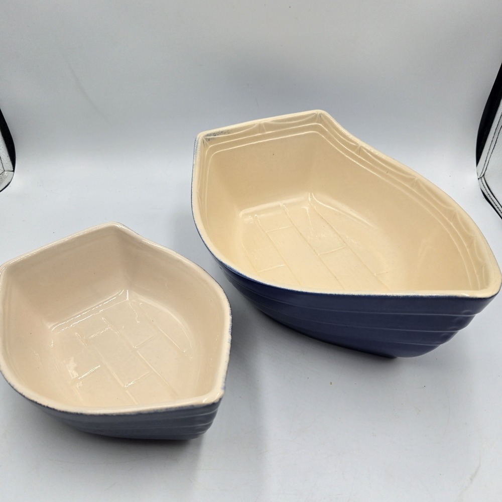 2 BCI Fabrique En Bretagne Pate Dish Baker Ceramic Boat Blue France Vintage
